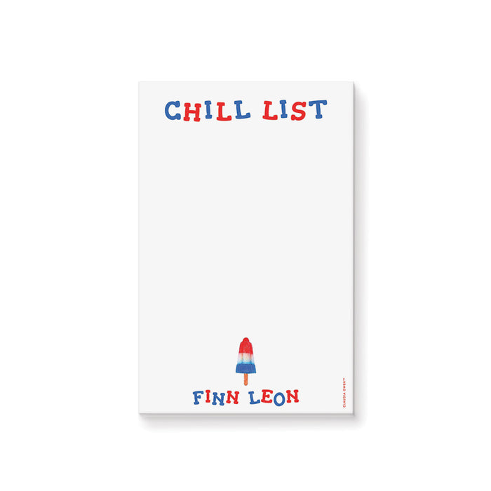 “Chill List” personalized notepad featuring a red, white, and blue popsicle design and playful typography