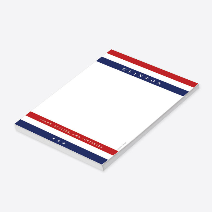 Patriotic notepad featuring “Stars, Stripes, and Scribbles” with red, white, and blue stripes, personalized stationery for the 4th of July-side