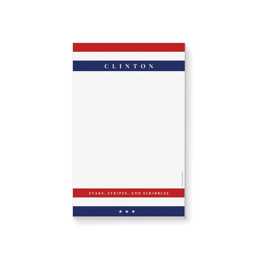 Patriotic notepad featuring “Stars, Stripes, and Scribbles” with red, white, and blue stripes, personalized stationery for the 4th of July