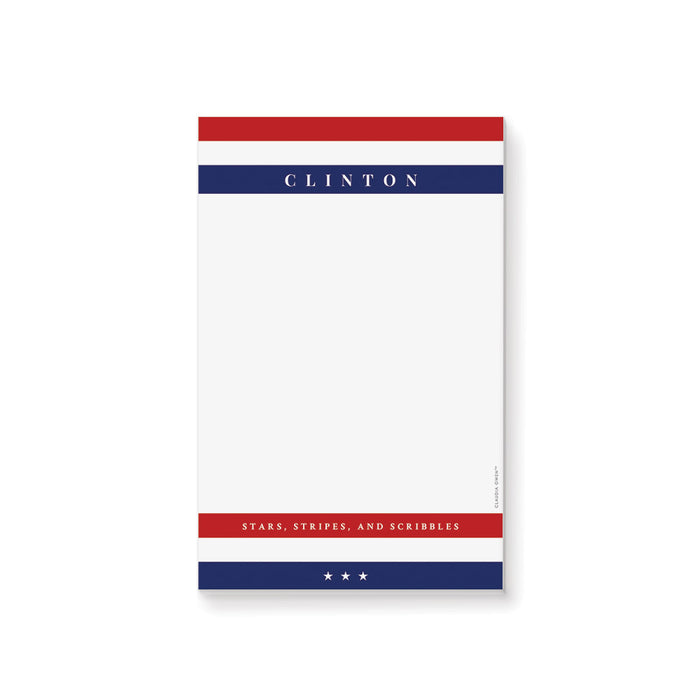 Patriotic notepad featuring “Stars, Stripes, and Scribbles” with red, white, and blue stripes, personalized stationery for the 4th of July