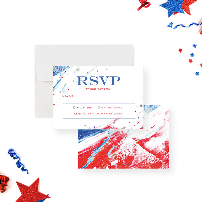 Fourth of July Invitation Card in Red White and Blue, American Flag Inspired Invitations for July 4th Celebration, American Pride Invites