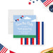 Fourth of July save the date card with red, white, and blue bunting, a bright sky, and green grass design-front-back