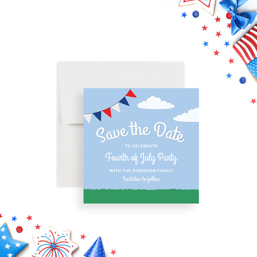 Fourth of July save the date card with red, white, and blue bunting, a bright sky, and green grass design-front