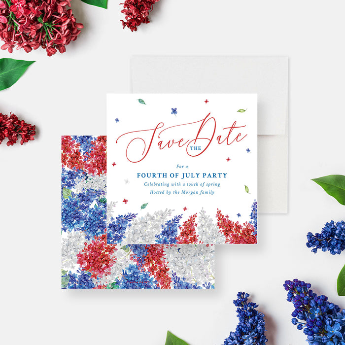Personalized 4th of July save the date card with a red, white, and blue floral design, custom-printed patriotic pre-invitation-front-back