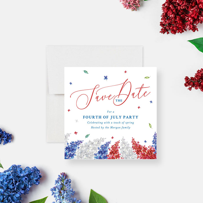 Personalized 4th of July save the date card with a red, white, and blue floral design, custom-printed patriotic pre-invitation-front