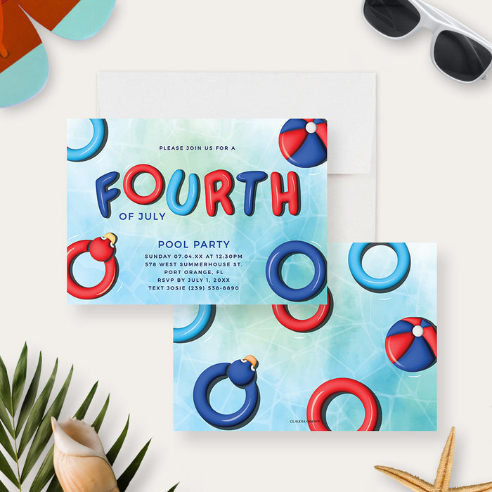 Fourth of July Swimming Pool Party Invitation for Kids Digital Download, July 4th Birthday Party in Patriotic Colors Template