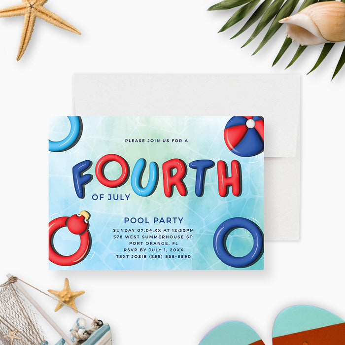 Fourth of July Swimming Pool Party Invitation for Kids Digital Download, July 4th Birthday Party in Patriotic Colors Template