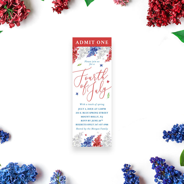 Personalized 4th of July ticket invitation with a red, white, and blue floral design, printed admit-one patriotic party ticket