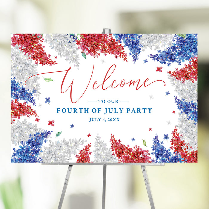 4th of July welcome sign with red, white, and blue floral design, custom patriotic party entrance sign