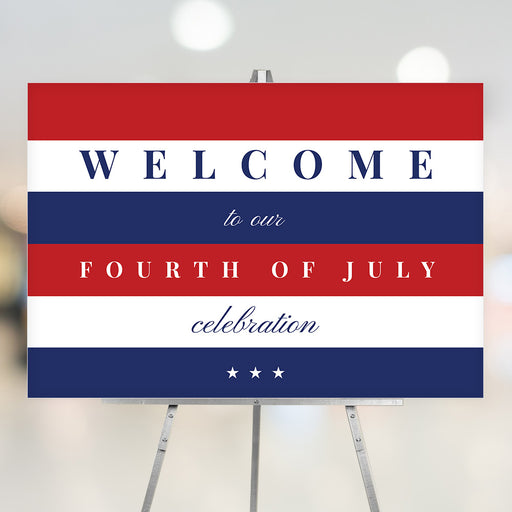 Fourth of July welcome sign with red, white, and blue stripes, ideal for patriotic parties or Independence Day celebrations.