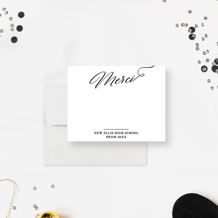 Merci Thank You Card, Elegant School Prom Night Thank You Notes, Personalized French Note Cards