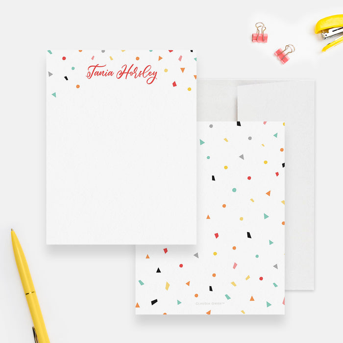 Personalized colorful confetti note card with custom name and white envelope-front-back