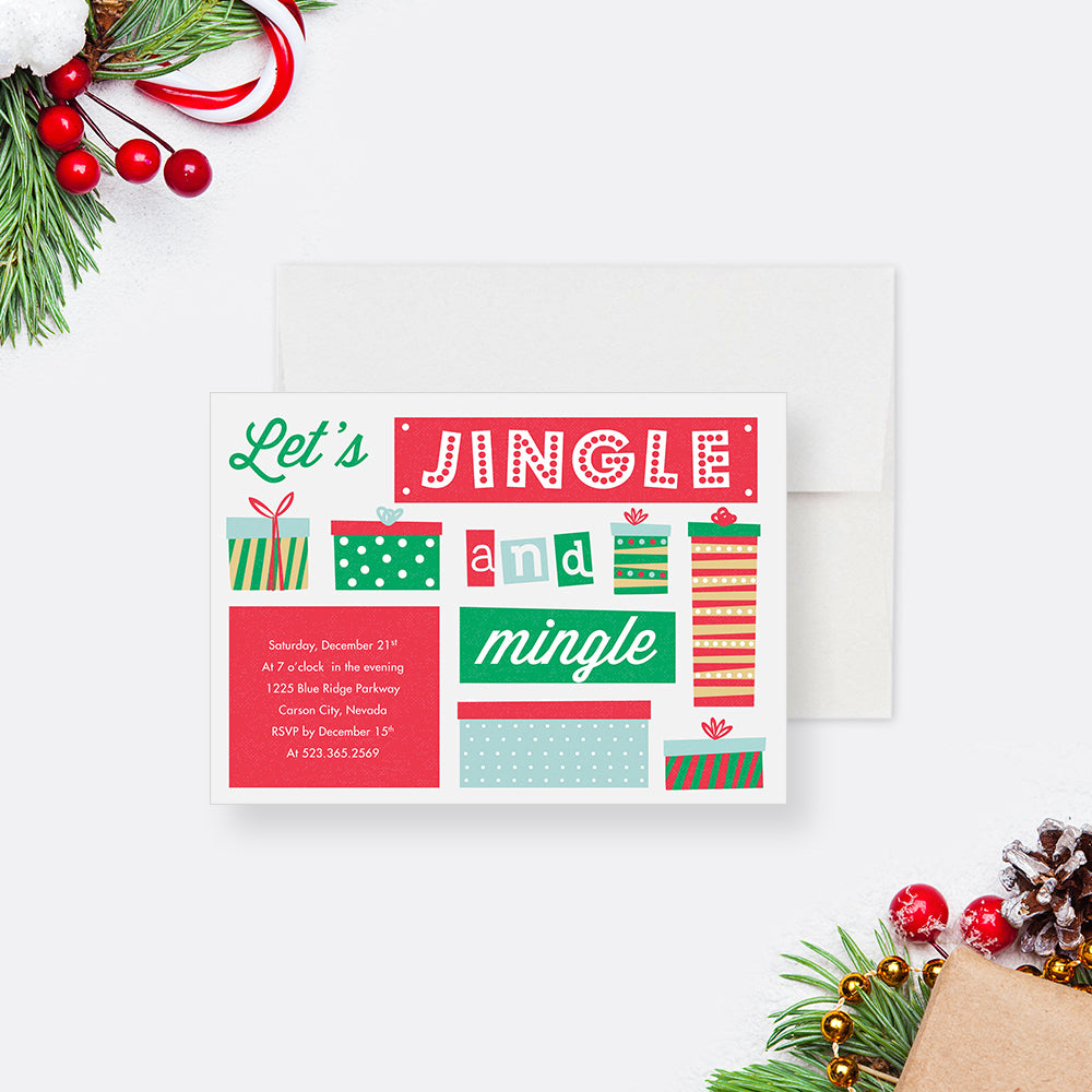 A colorful holiday party invitation card with text and illustrations of gift boxes, set against a white background with holiday decorations.