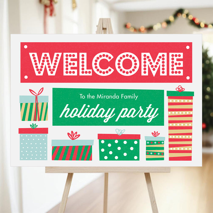 Festive Christmas Welcome Sign for Family Celebration, Holiday Party Poster with Presents