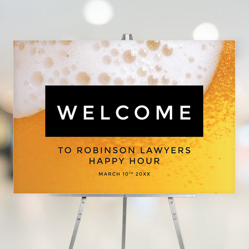 Beer-themed welcome sign with a foamy beer background, personalized for a happy hour corporate event.