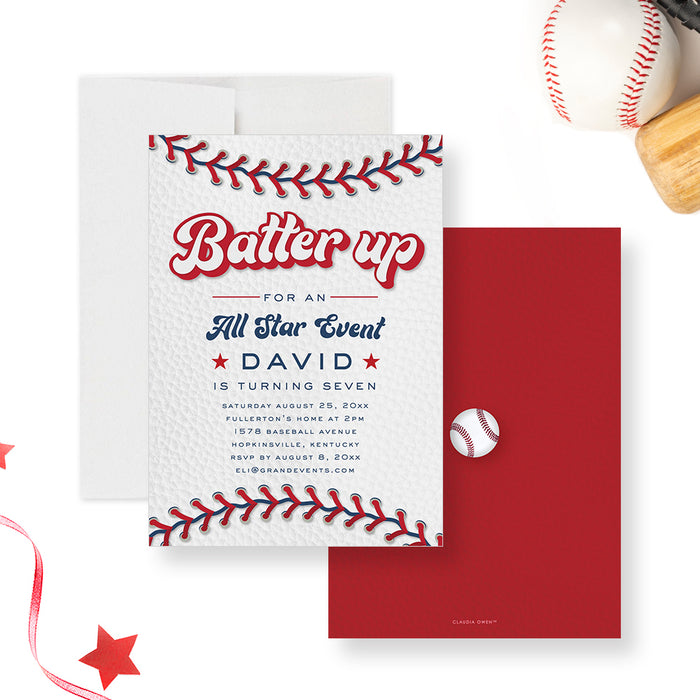 Home Run Celebration Baseball Themed Birthday Invitation for Kids, All-Star Sports Event, Batter Up Invites for Children