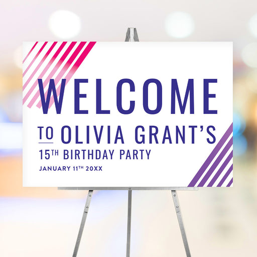 Pink and purple welcome sign for girls fitness birthday party with modern gym-inspired stripes