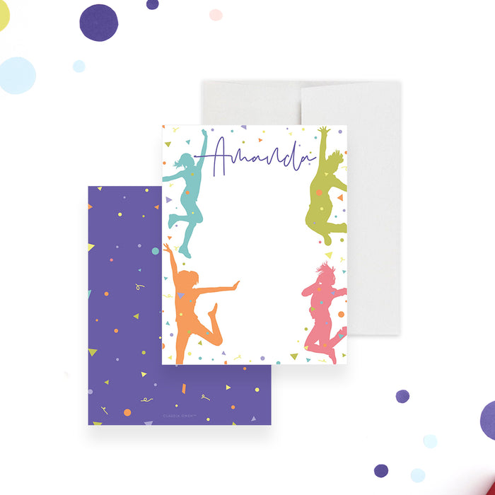 Colorful Dance and Play Birthday Thank You Cards, Fun and Playful Note Card with Dancing Silhouettes, Dance Girls Stationery Card