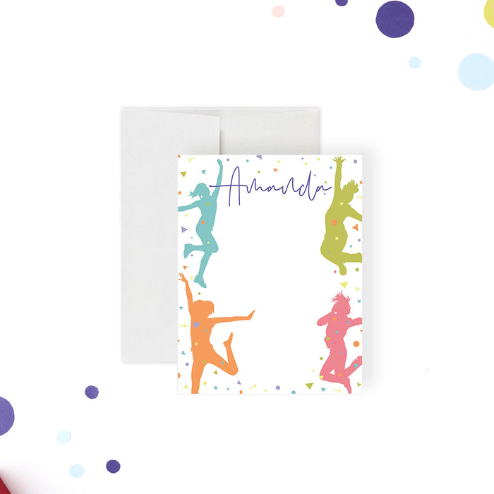 Colorful Dance and Play Birthday Thank You Cards, Fun and Playful Note Card with Dancing Silhouettes, Dance Girls Stationery Card