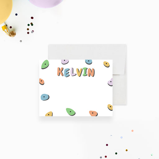 Personalized kids birthday thank you card with colorful rock climbing holds design-front