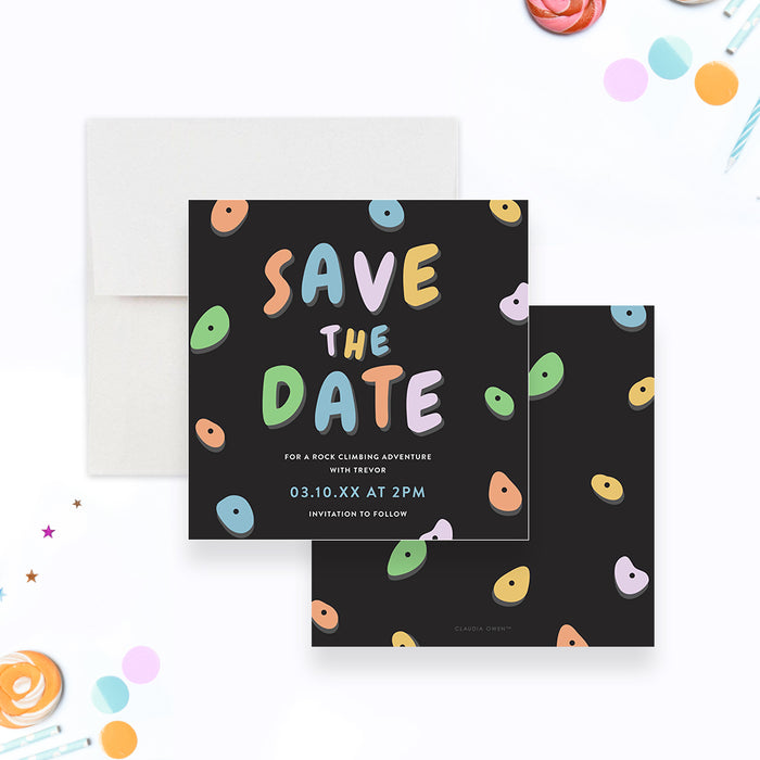 Colorful and vibrant rock climbing birthday party save the date card for kids-front-back