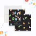 Colorful and vibrant rock climbing birthday party save the date card for kids-front-back