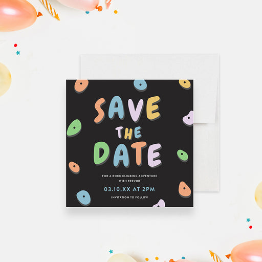 Colorful and vibrant rock climbing birthday party save the date card for kids-front