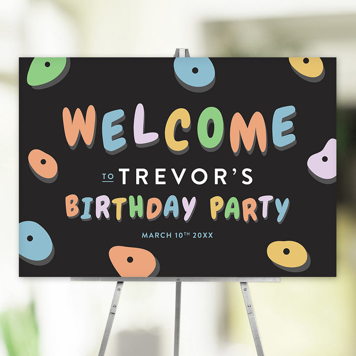Rock climbing birthday party welcome sign with colorful climbing hold illustration