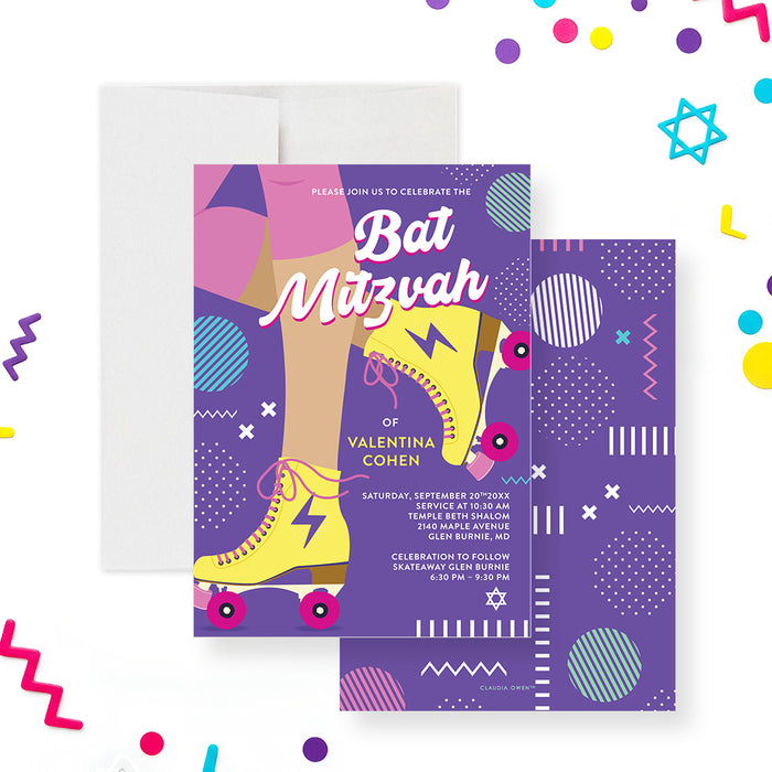 Bat Mitzvah invitation with a girl on roller skates, colorful geometric accents, and Star of David for a fun Jewish celebration.-front-back