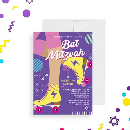 Bat Mitzvah invitation with a girl on roller skates, colorful geometric accents, and Star of David for a fun Jewish celebration.-front