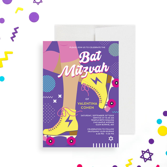 Bat Mitzvah invitation with a girl on roller skates, colorful geometric accents, and Star of David for a fun Jewish celebration.-front