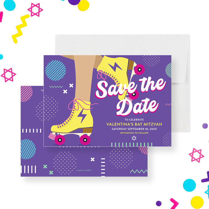 Bat Mitzvah save the date card featuring a girl roller skating in vibrant colors with a Star of David for your Jewish coming-of-age celebration.-front-back