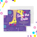 Bat Mitzvah save the date card featuring a girl roller skating in vibrant colors with a Star of David for your Jewish coming-of-age celebration.-front-back