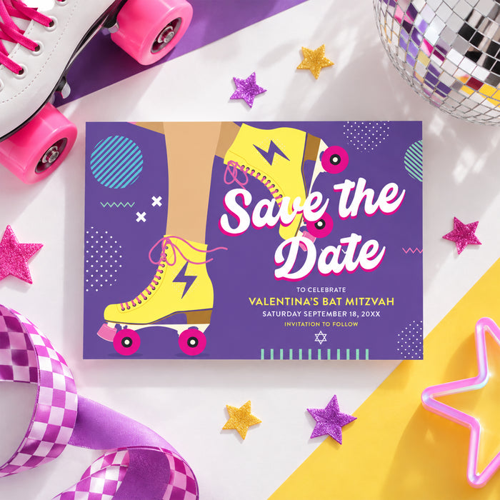 Roller Skating Bat Mitzvah Save the Date Card Fun Design