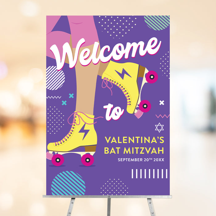 Colorful Bat Mitzvah welcome sign featuring a girl on roller skates and a Star of David, ideal for Jewish celebration décor at a roller skate party.