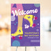 Colorful Bat Mitzvah welcome sign featuring a girl on roller skates and a Star of David, ideal for Jewish celebration décor at a roller skate party.