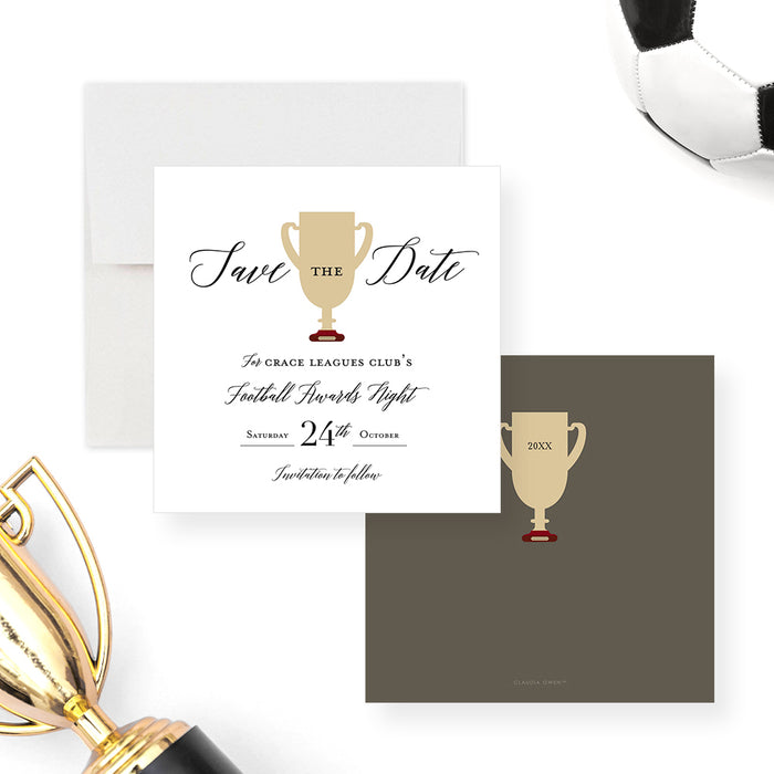 Save the Date Card for Football Awards Night Celebration, Sports Themed Party Save the Dates, Sports Tournament Save the Date with Trophy Cup