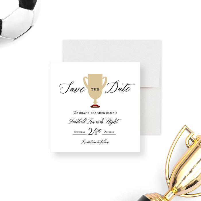 Save the Date Card for Football Awards Night Celebration, Sports Themed Party Save the Dates, Sports Tournament Save the Date with Trophy Cup