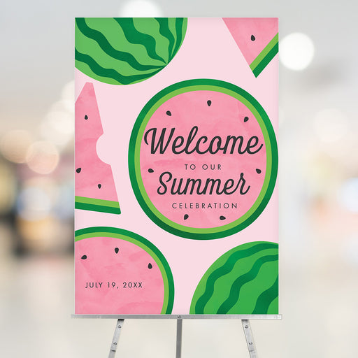 Colorful watermelon-themed welcome sign for a summer party with fruit slice illustrations and personalized with your event details.