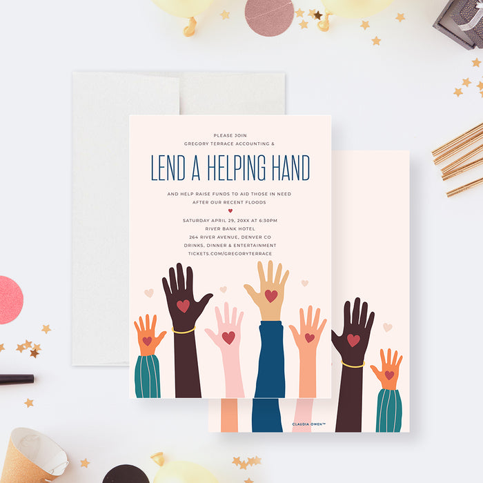 Lend a helping hand invitation featuring a diverse array of hands and hearts design for fundraising and charity events.-front-back