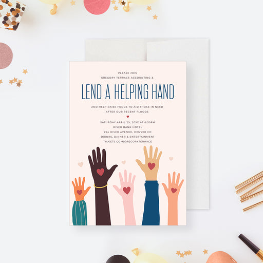 Lend a helping hand invitation featuring a diverse array of hands and hearts design for fundraising and charity events.-front