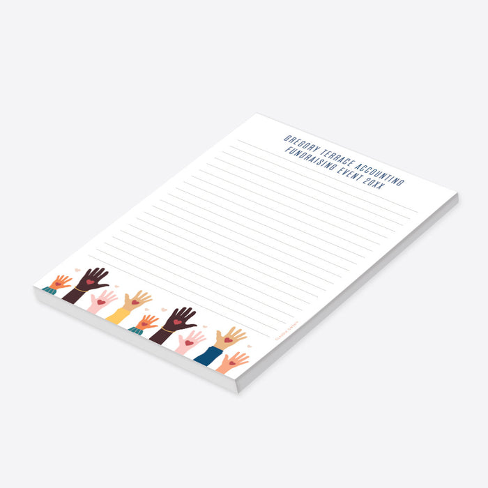 Personalized fundraising notepad featuring a diverse helping hands illustration, a charity event stationery gift for donors, volunteers, or supporters.-side