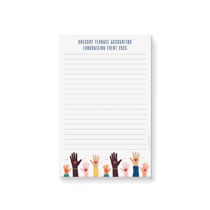 Personalized fundraising notepad featuring a diverse helping hands illustration, a charity event stationery gift for donors, volunteers, or supporters.