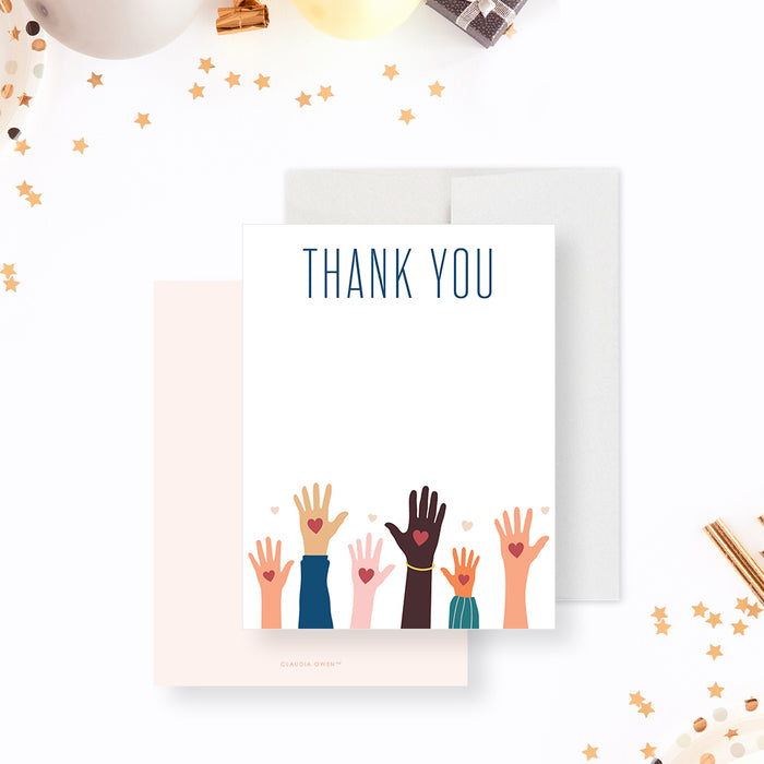Personalized thank you card with diverse hands illustration, perfect for charity or fundraising events-front-back
