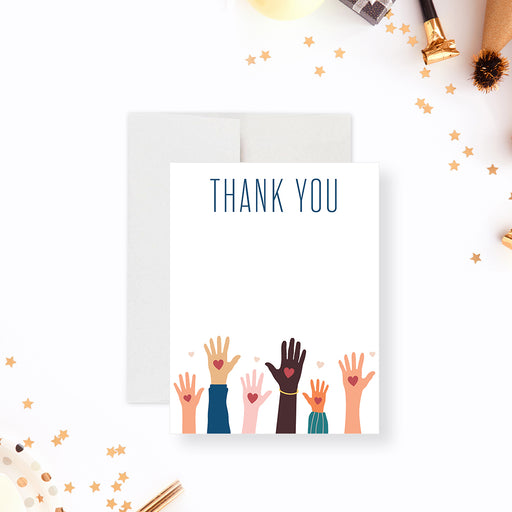 Personalized thank you card with diverse hands illustration, perfect for charity or fundraising events-front