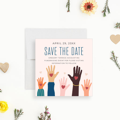 Save the date card with a diverse helping hand illustration for charity events, fundraisers, benefit galas, and nonprofit gatherings.-front