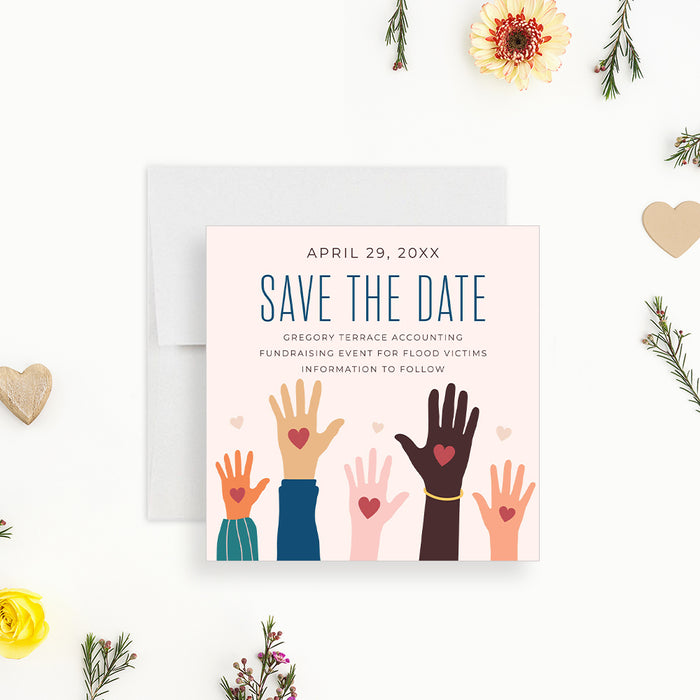 Save the date card with a diverse helping hand illustration for charity events, fundraisers, benefit galas, and nonprofit gatherings.-front