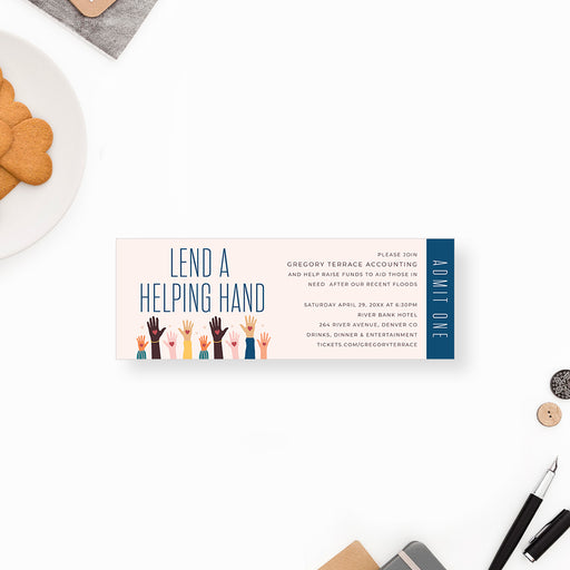 Lend a Helping Hand ticket invitation featuring an illustration of diverse raised hands, designed as an entry pass for fundraising or charity events.