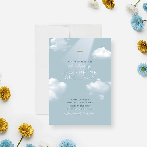 Celebration of life invitation featuring blue sky clouds and a gold cross design for a memorial service or funeral ceremony.-front