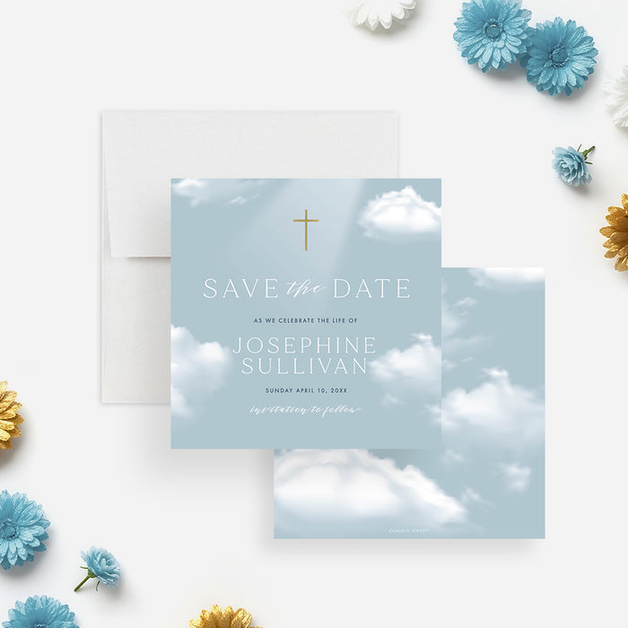 Celebration of life save the date card with blue sky clouds and gold cross design-front-back